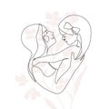 Mommy little kid line drawing. Abstract family continuous line art. Mom hugging her daughter