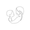 Mommy little kid line drawing. Abstract family continuous line art. Young mom hugging her son