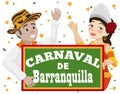 Momo King and Barranquilla`s Carnival Queen Celebrating Battle of Flowers, Vector Illustration