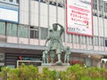 Momotaro and his friends - monkey, dog and pheasant in front of Okayama railway station. Royalty Free Stock Photo