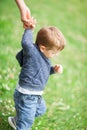 Moms hand holding little baby boy walking in a green meadow