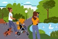 Moms walking in city park. Women with children in nature. People relax outdoor. Baby in stroller. Duck pond and plants Royalty Free Stock Photo