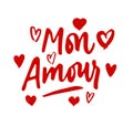 Mon Amour lettering, hearts illustration. My Love in French hand