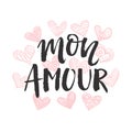 Mon Amour Valentines day card with hand drawn brush lettering