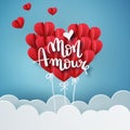 Mon Amour vector handwritten text greeting card card design with 3d realistic paper cut heart shape balloon and hearts decorations