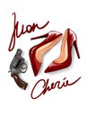 Mon cherie slogan with red heels and a pistol illustration. Royalty Free Stock Photo