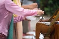 Offer food to begging bowl of Thai Monk Royalty Free Stock Photo