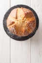 Mona or mouna of Easter is a traditional mediterranean sweet bread baked to celebrate Easter closeup. Vertical top view