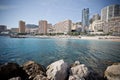 Monaco beach and Monte Carlo cityscape vintage color profile view