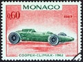 MONACO - CIRCA 1967: A stamp printed in Monaco shows Cooper-Climax Grand Prix racing car of 1962, winner of Monaco Grand Prix