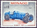 MONACO - CIRCA 1967: A stamp printed in Monaco shows a Bugatti type 51 Grand Prix racing car of 1931, winner of Monaco Grand prix