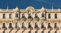 Monaco, Monte Carlo, 27 September 2022: The facade of famous Hotel Hermitage at sunny day, building of yellow color