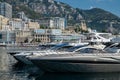 Monaco, Monte-Carlo, 06 August 2018: Tranquillity in port Hercules, is the parked boats, sunny day, many yachts and Royalty Free Stock Photo