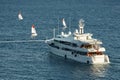 Monaco, Monte Carlo, 05 November 2022 - Mega yacht in sea at sunset, huge motor boat, wealth life of billionaires, small
