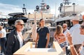 Monaco, Monte Carlo, 29 September 2022 - clients and yacht brokers look at the mega yachts presented, discuss the