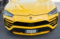 Monaco, Monte Carlo, 29 September 2022 - Close-up view of yellow sports car Lamborghini on street Royalty Free Stock Photo
