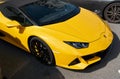 Monaco, Monte Carlo, 29 September 2022 - Close-up view of yellow sports car Lamborghini on street Royalty Free Stock Photo