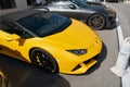 Monaco, Monte Carlo, 29 September 2022 - Close-up view of yellow sports car Lamborghini on street Royalty Free Stock Photo