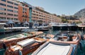 Monaco, Monte Carlo, 28 September 2022 - Riva boats in a row and a lot of luxury mega yachts at the famous motorboat Royalty Free Stock Photo