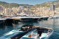 Monaco, Monte Carlo, 28 September 2022 - Riva boats in a row and a lot of luxury mega yachts at the famous motorboat