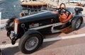 Monaco, Monte-Carlo, 29 September 2022: vintage open-top car at the yacht show on a sunny day, leather seats, spoked Royalty Free Stock Photo