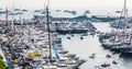 Monaco, Monte-Carlo, 28.09.2017: Time-lapse of largest exhibition yacht show at morning, Traffic on water, MYS, tenders