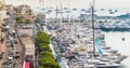 Monaco, Monte-Carlo, 28.09.2017: Time-lapse of largest exhibition yacht show at morning, Traffic on water, MYS, tenders