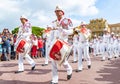 Monaco, Old Town, 27 September 2019: The Festive changing of the guard of the palace of the prince of Monaco, sunny day, a lot of