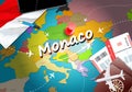 Monaco travel concept map background with planes,tickets. Visit Monaco travel and tourism destination concept. Monaco flag on map