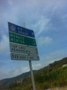 Monaco travel destination, highway road sign. Vacation road sign or business success concept. Summer trip on mountain road. Travel