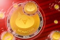 MonaCoin crash, bubble. MonaCoin MONA cryptocurrency coins in a bubbles on the binary code background