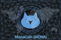 MonaCoin MONA Abstract Cryptocurrency. With a dark background and a world map. Graphic concept for your design