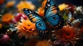 Monarch blue butterfly on a background of orange foliage Royalty Free Stock Photo