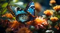 Monarch blue butterfly on a background of orange foliage Royalty Free Stock Photo