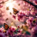 Monarch Butterflies Dancing Among Cherry Blossoms in Spring Glow Royalty Free Stock Photo
