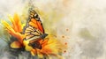 Monarch Butterfly Alighting on Sunflower in Vibrant Watercolor Painting