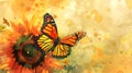 Monarch Butterfly Alighting on Vibrant Sunflower in Dreamlike Watercolor Painting