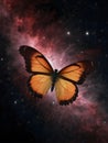 A monarch butterfly flutters among a dazzling display of stars in a vibrant night sky