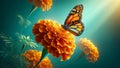 Monarch Majesty: Vibrant Butterfly on Orange Marigold: Blue Foliage in Garden. Macro Photography. Royalty Free Stock Photo