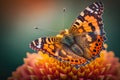 Monarch orange butterfly and bright summer flowers on a blurry background in a fairy garden.