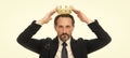 Monarchy family traditions. Man nature bearded guy in suit hold golden crown symbol of monarchy. Direct line to throne Royalty Free Stock Photo