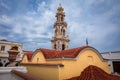 Monastery of Archangel Michael Panormitis in Simi, Dodecanese. Closeup of a baroque bell tower.