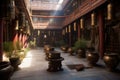 monastery courtyard with prayer wheels and incense Royalty Free Stock Photo