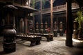 monastery courtyard with prayer wheels and incense Royalty Free Stock Photo