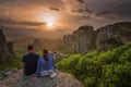 Monastery Meteora Greece. Stunning spring panoramic landscape at sunset. Royalty Free Stock Photo