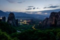 Sunset time at Monastery Meteora Greece. Stunning summer panoramic landscape. Royalty Free Stock Photo