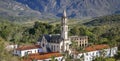 Close-up aerial view of Sanctuary Caraca with mountains and Atlantic forest in background, Minas Gerais, Brazil