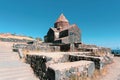 Armenia, Lake Sevan, September 2021. Stone staircase and ruins of a medieval monastery.