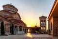 Monastery Panagia Evrou Orthodox Monastery, Makri Evros Greece, catholic church in Byzantine style, sunset colors Royalty Free Stock Photo