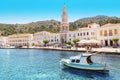 Monastery Panormitis on the island of Symi with tourists